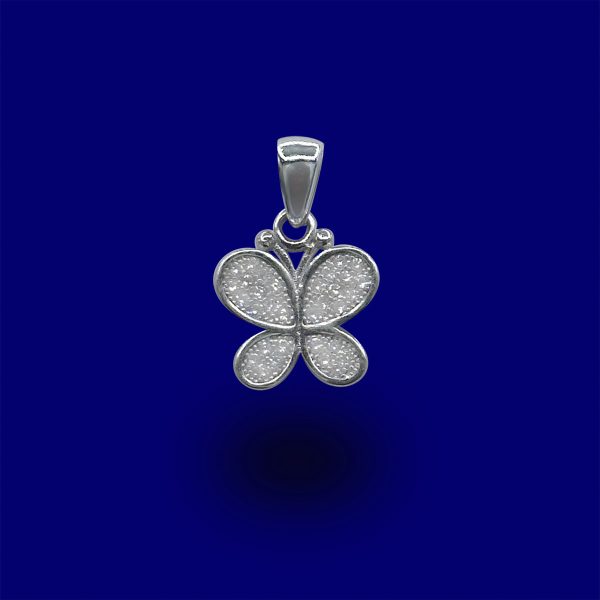 A silver butterfly pendant with some small diamonds.