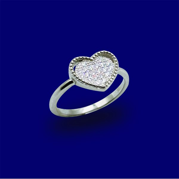 A heart shaped diamond ring is shown on a blue background.