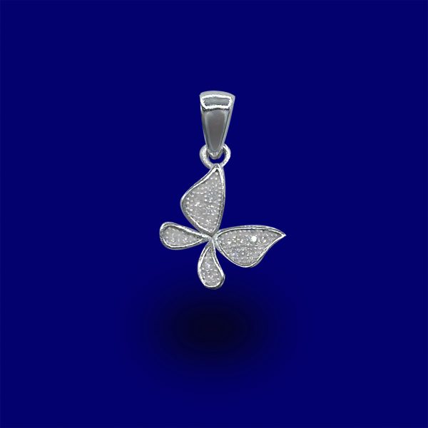 A silver butterfly pendant with diamonds on it's side.