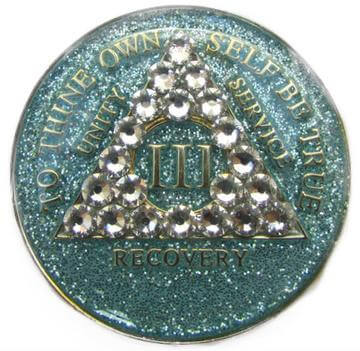 Aqua Glitter with White Crystal AA Medallion (1 Year-45 Years)