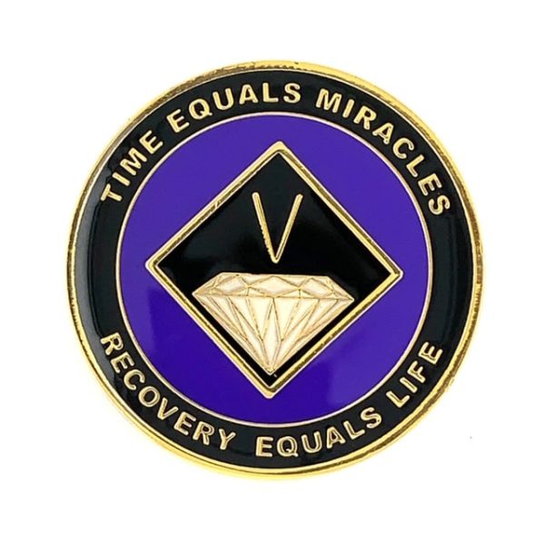 A purple and black pin with the words time equals miracles, recovery equals life.