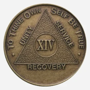 A classic bronze Alcoholics Anonymous chip (approximately 34mm) with an antique finish. The front features the iconic AA Circle and Triangle symbol, often surrounded by the words 'Unity,' 'Service,' and 'Recovery.' The outer edge displays the phrase 'To Thine Own Self Be True' at the top, and the specific sobriety milestone (24 Hours to 50 Years) at the bottom. This chip has a raised design and a tactile, durable feel.