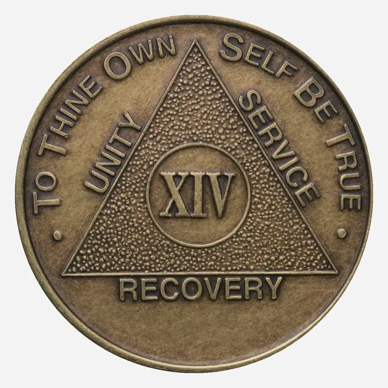 A classic bronze Alcoholics Anonymous chip (approximately 34mm) with an antique finish. The front features the iconic AA Circle and Triangle symbol, often surrounded by the words 'Unity,' 'Service,' and 'Recovery.' The outer edge displays the phrase 'To Thine Own Self Be True' at the top, and the specific sobriety milestone (24 Hours to 50 Years) at the bottom. This chip has a raised design and a tactile, durable feel.