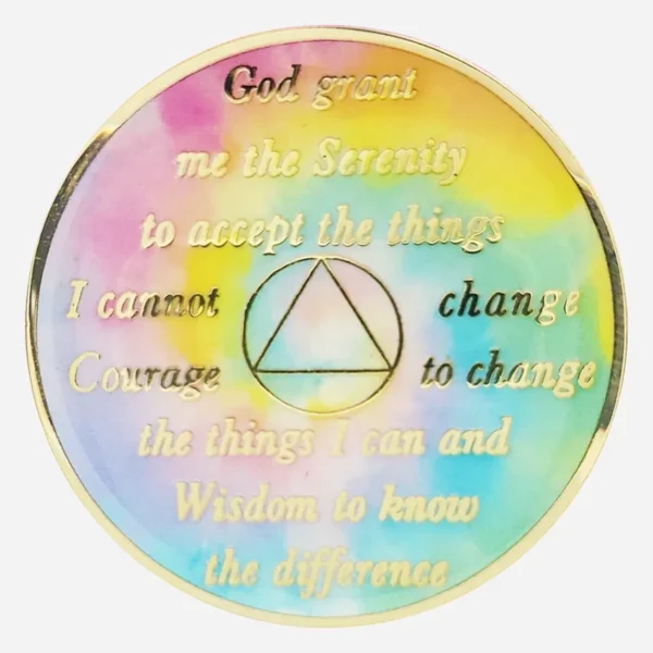 The Serenity Prayer is inscribed on the back of this Psychedelic/Gold AA Triplate Token , offering a message of hope and resilience to those on a colorful journey of recovery.