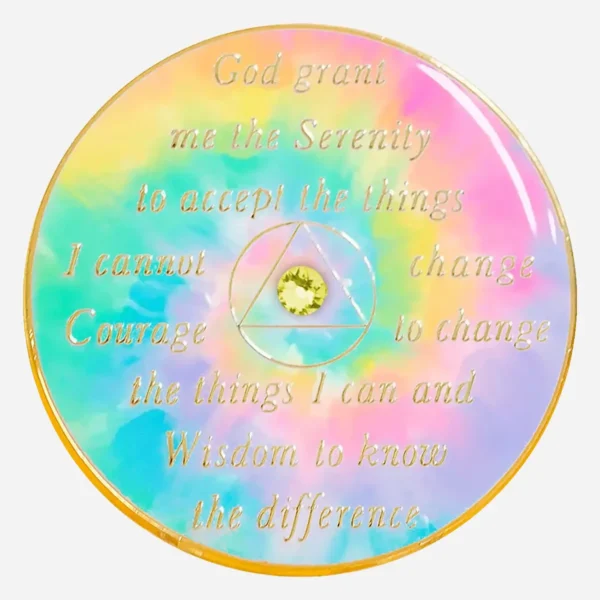 The Serenity Prayer is inscribed on the reverse of this Psychic-Dellic AA Medallion, offering a message of peace and acceptance against a colorful tie-dye canvas.