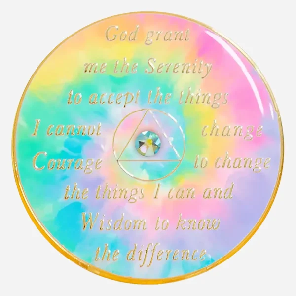 This image shows the back of the Peridot AB AA Crystal Medallion , where the Serenity Prayer is inscribed against the calming pastel tie-dye background, offering a message of hope and resilience.