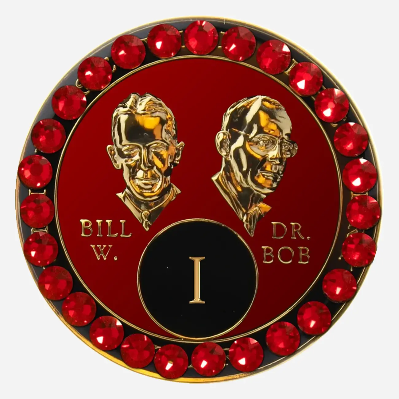 Red AA medallion with red accents, featuring stylized busts of Bill W. and Dr. Bob, commemorating sobriety.