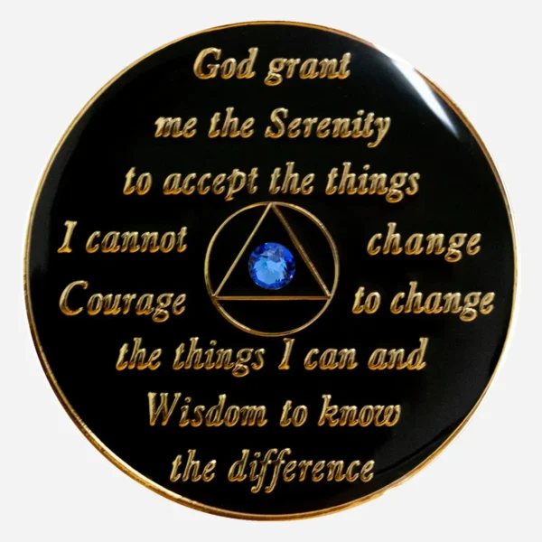 The back of this Crystal AA Medallion features the Serenity Prayer, providing a message of comfort and strength for those navigating the challenges of recovery.