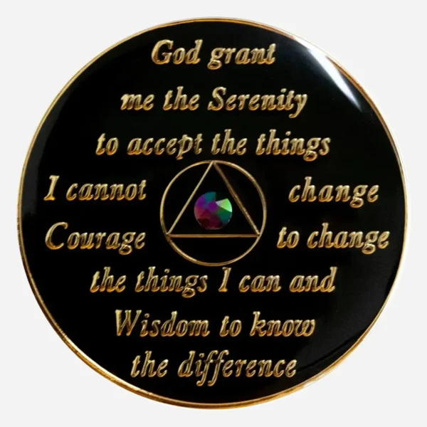This close-up reveals the Serenity Prayer beautifully inscribed on the back of the Crystal AA Medallion, offering a message of peace and resilience to those on the recovery journey.