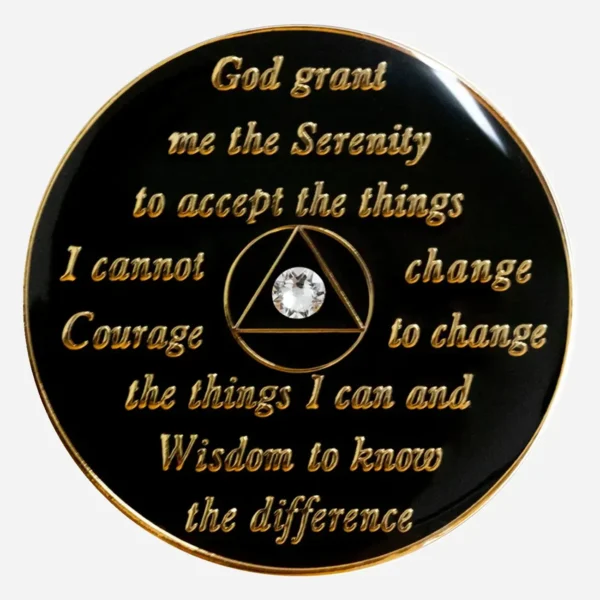 This image shows the back of the Crystal AA Medallion, where the Serenity Prayer is inscribed, offering a source of peace and inspiration to those in recovery.