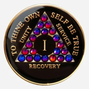 The fiery hues of blue, purple, pink, and orange Swarovski crystals in this Crystal AA Medallion evoke the image of a volcano, symbolizing the transformative power and inner strength found in recovery.