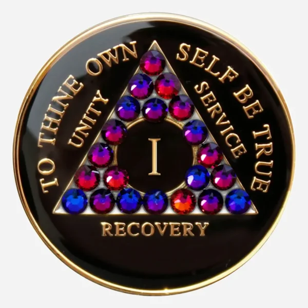 The fiery hues of blue, purple, pink, and orange Swarovski crystals in this Crystal AA Medallion evoke the image of a volcano, symbolizing the transformative power and inner strength found in recovery.
