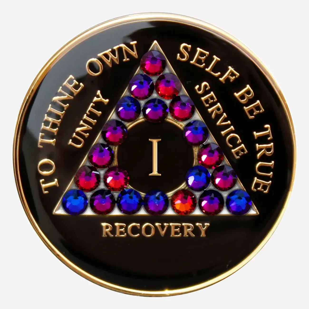 The fiery hues of blue, purple, pink, and orange Swarovski crystals in this Crystal AA Medallion evoke the image of a volcano, symbolizing the transformative power and inner strength found in recovery.