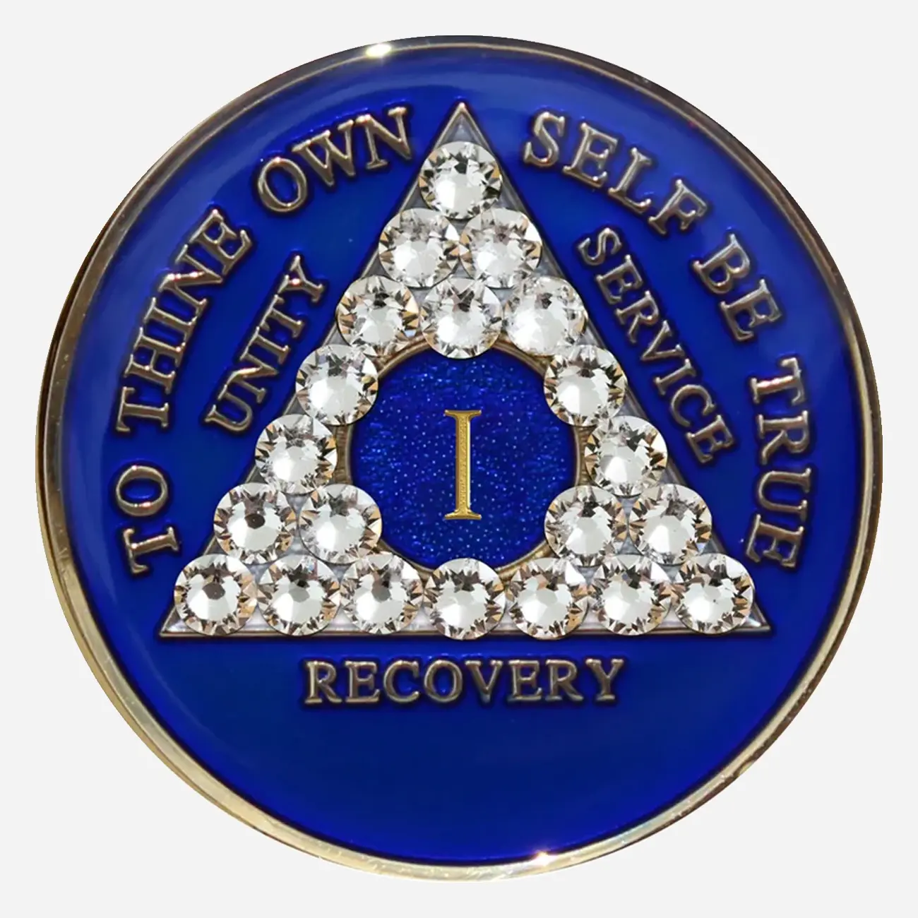 This Crystal AA Medallion shimmers with serenity. The blue Swarovski crystals and delicate diamond accents create a calming presence, reflecting the peace found in recovery.
