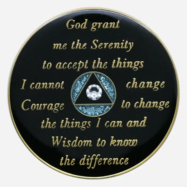 This image reveals the back of the Aqua/Diamond Crystal AA Medallion, where the Serenity Prayer is inscribed, offering words of comfort and strength for those embracing recovery.