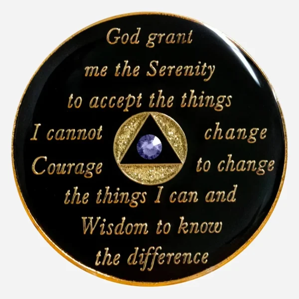 The Serenity Prayer is delicately etched on the back of this Gold/Diamond Crystal AA Medallion, serving as a reminder of the enduring strength and resilience found in recovery.