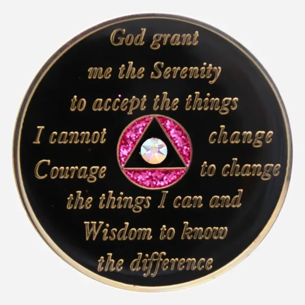 This close-up shows the Serenity Prayer beautifully inscribed on the back of the Pink/Diamond Crystal AA Medallion, offering a message of compassion and self-care for those in recovery.