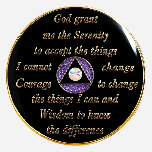 The Serenity Prayer is engraved on the back of this Purple/Diamond Crystal AA Medallion, providing a source of wisdom and strength for those navigating the complexities of recovery.