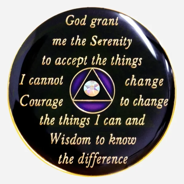 This close-up reveals the Serenity Prayer beautifully inscribed on the back of the Purple/Diamond Crystal AA Medallion, offering a message of serenity and inner peace to those committed to their recovery.