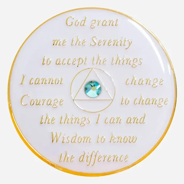 The Serenity Prayer is inscribed on the reverse side, offering words of growth and harmony to those embracing the journey of recovery.