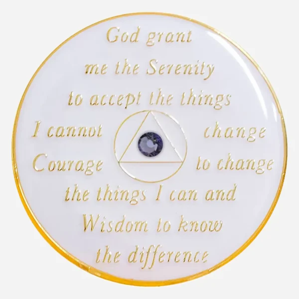 This image shows the back of the Crystal AA Medallion, where the Serenity Prayer is etched, providing a source of peace and strength for those navigating the transformative path of recovery.