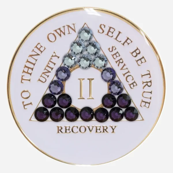 With a mesmerizing transition of Swarovski crystals from white to purple, this Crystal AA Medallion captures the transformative power of the recovery journey.