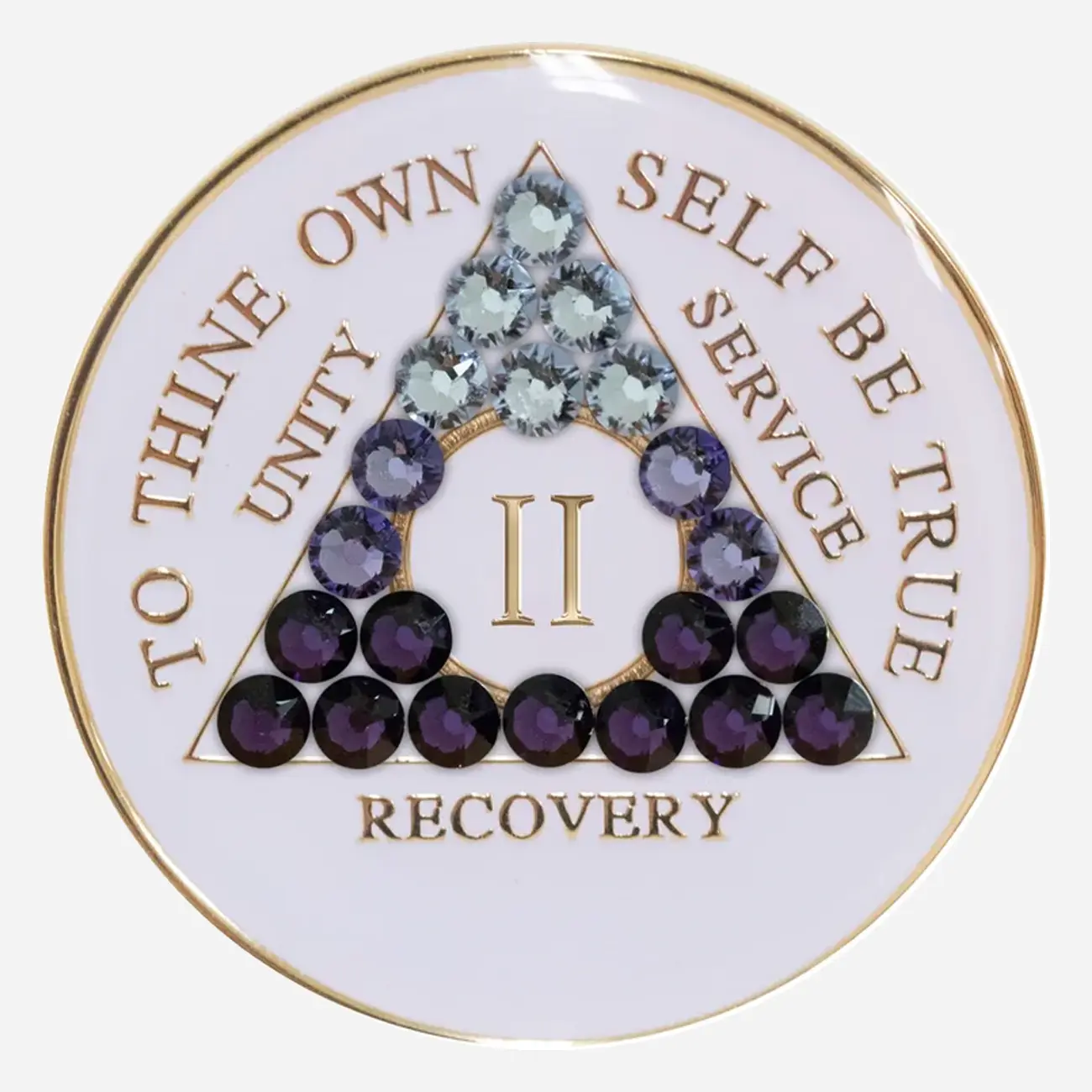 With a mesmerizing transition of Swarovski crystals from white to purple, this Crystal AA Medallion captures the transformative power of the recovery journey.