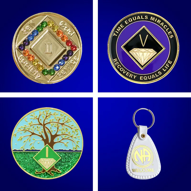 Four different pictures of a key chain and some coins.