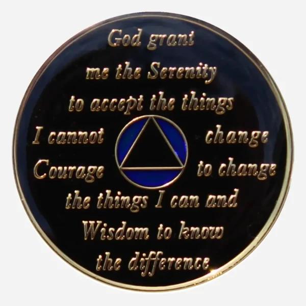 The back of the blue Triplate AA Token features the Serenity Prayer in a crisp white font, offering words of wisdom and serenity to guide individuals in recovery.