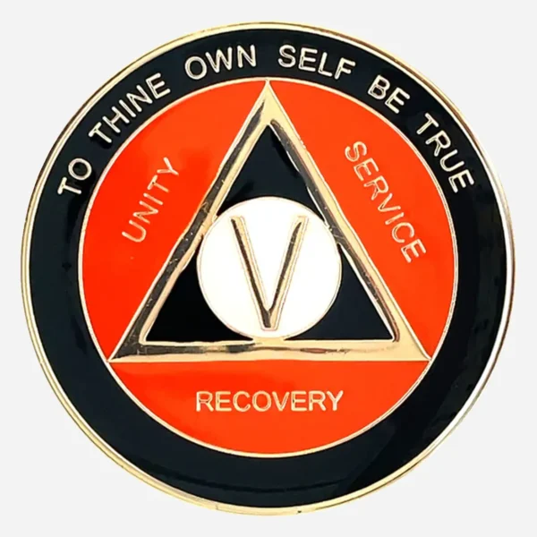 AA Alcoholics Anonymous token in black and orange with gold accents, with the AA triangle symbol and the words "Unity Service Recovery" on the outside of the triangle.