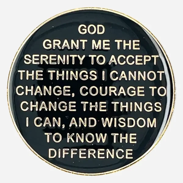 The reverse side of this AA Triplate Token (Black/Purple/Gold) features the complete Serenity Prayer, inscribed in gold lettering against its solid black background. This AA sobriety chip prominently displays the powerful message: 'God, grant me the serenity to accept the things I cannot change, the courage to change the things I can, and the wisdom to know the difference.'