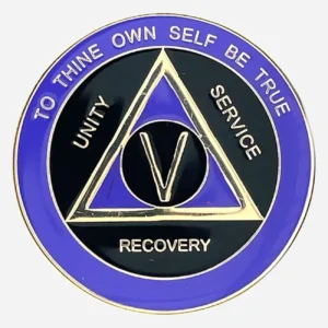 Alcoholics Anonymous sobriety medallion (34mm) featuring a deep black enamel base accented with a rich purple outer ring. A gold-plated AA circle and triangle symbol is centered, framed by 'Unity,' 'Service,' 'Recovery' in matching gold script. The outer rim displays 'To Thine Own Self Be True' at the top and the specific sobriety milestone (1-50 years) at the bottom, all in gold. This coin boasts a protective, glossy epoxy finish, highlighting its elegant design.