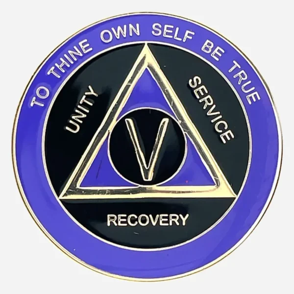 Alcoholics Anonymous sobriety medallion (34mm) featuring a deep black enamel base accented with a rich purple outer ring. A gold-plated AA circle and triangle symbol is centered, framed by 'Unity,' 'Service,' 'Recovery' in matching gold script. The outer rim displays 'To Thine Own Self Be True' at the top and the specific sobriety milestone (1-50 years) at the bottom, all in gold. This coin boasts a protective, glossy epoxy finish, highlighting its elegant design.