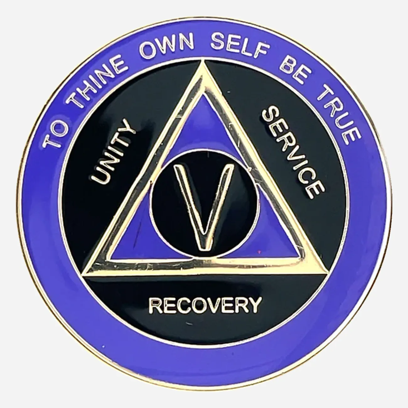 Alcoholics Anonymous sobriety medallion (34mm) featuring a deep black enamel base accented with a rich purple outer ring. A gold-plated AA circle and triangle symbol is centered, framed by 'Unity,' 'Service,' 'Recovery' in matching gold script. The outer rim displays 'To Thine Own Self Be True' at the top and the specific sobriety milestone (1-50 years) at the bottom, all in gold. This coin boasts a protective, glossy epoxy finish, highlighting its elegant design.