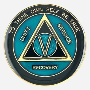 Alcoholics Anonymous medallion (34mm) with a sleek black enamel background and vibrant teal detailing. Features a gold-plated AA circle and triangle symbol, encircled by 'Unity,' 'Service,' 'Recovery' in gold lettering. The outer edge reads 'To Thine Own Self Be True' at the top and the sobriety year (1-50) at the bottom, all in gold. The coin has a glossy, epoxy-coated finish for durability and striking colors.