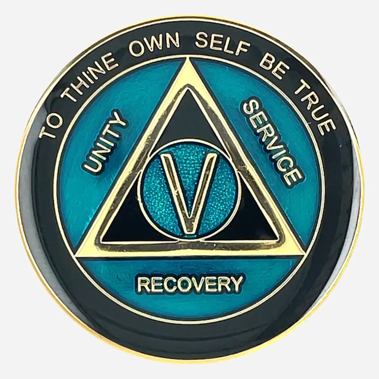 Alcoholics Anonymous medallion (34mm) with a sleek black enamel background and vibrant teal detailing. Features a gold-plated AA circle and triangle symbol, encircled by 'Unity,' 'Service,' 'Recovery' in gold lettering. The outer edge reads 'To Thine Own Self Be True' at the top and the sobriety year (1-50) at the bottom, all in gold. The coin has a glossy, epoxy-coated finish for durability and striking colors.
