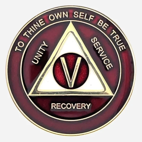 Alcoholics Anonymous medallion (34mm) with a rich burgundy enamel border and a shimmering pearlized center. Features a gold-plated AA circle and triangle symbol, encircled by 'Unity,' 'Service,' 'Recovery' in gold lettering. The outer edge reads 'To Thine Own Self Be True' and the sobriety year (1-50), all in gold. The coin has a glossy, epoxy-coated finish that enhances its deep colors and provides durability.