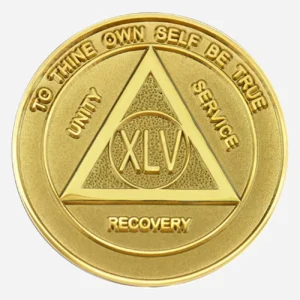 A gleaming, entirely gold-plated Alcoholics Anonymous medallion (34mm) showcasing a unified design. The center prominently features a gold AA circle and triangle symbol, surrounded by 'Unity,' 'Service,' and 'Recovery' in matching gold lettering. The outer rim displays 'To Thine Own Self Be True' at the top and the specific sobriety year (1-50) at the bottom, all in gold. This coin boasts a glossy, protective epoxy coating, enhancing its radiant finish and durability.