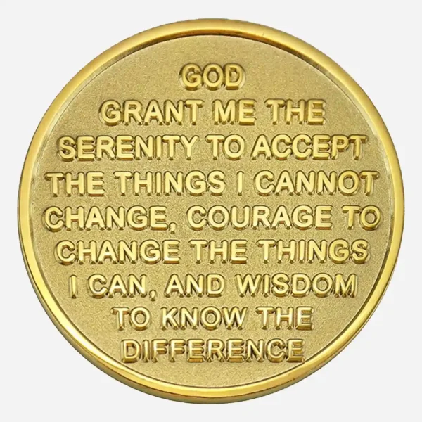 The back of this AA Triplate Token - Gold/Silver is entirely gold-plated, featuring the Serenity Prayer elegantly inscribed. This recovery coin presents the full, guiding message: 'God, grant me the serenity to accept the things I cannot change, the courage to change the things I can, and the wisdom to know the difference.'
