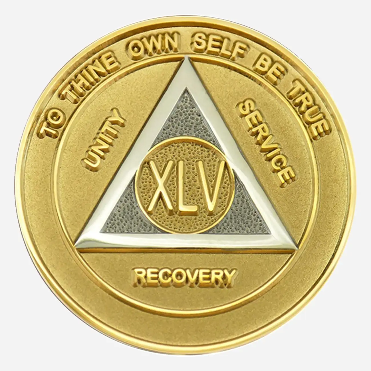 Alcoholics Anonymous medallion (34mm) featuring a striking gold-plated outer border and a shimmering silver-plated center. A prominent gold-plated AA circle and triangle symbol is displayed at the center, encircled by 'Unity,' 'Service,' 'Recovery' in gold lettering. The outer edge bears the inscription 'To Thine Own Self Be True' at the top and the specific sobriety year (1-50) at the bottom, both in gold. The coin has a glossy, epoxy-coated finish, enhancing its metallic luster and providing durability.