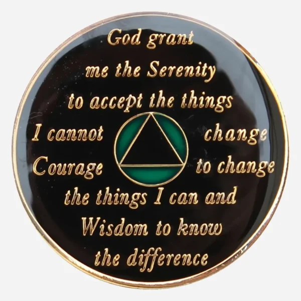 This image shows the back of the Green/White Triplate AA Token, where the Serenity Prayer is inscribed, offering support and guidance on the journey to sobriety.