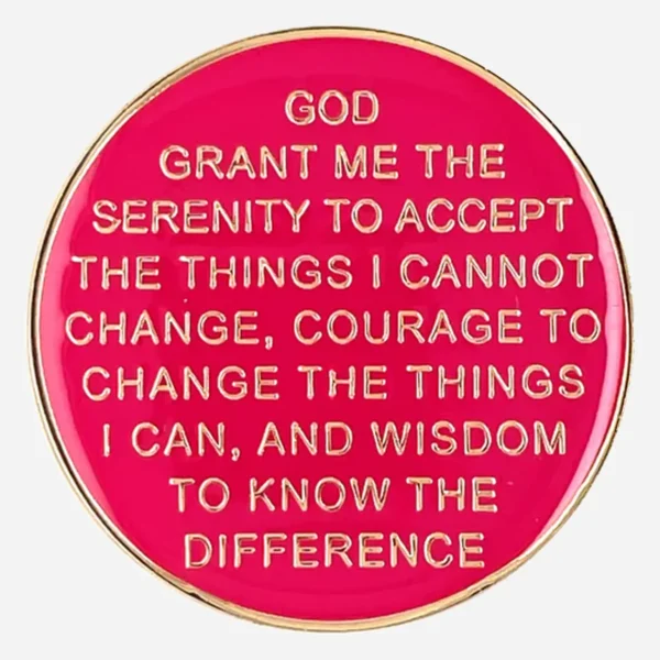 Back of AA Triplate Token (Hot Pink/Pearl/Gold) features the Serenity Prayer engraved in gold on a pearlized background. The hot pink enamel border continues. This sobriety coin includes the entire prayer: 'God, grant me the serenity to accept the things I cannot change, the courage to change the things I can, and the wisdom to know the difference.'