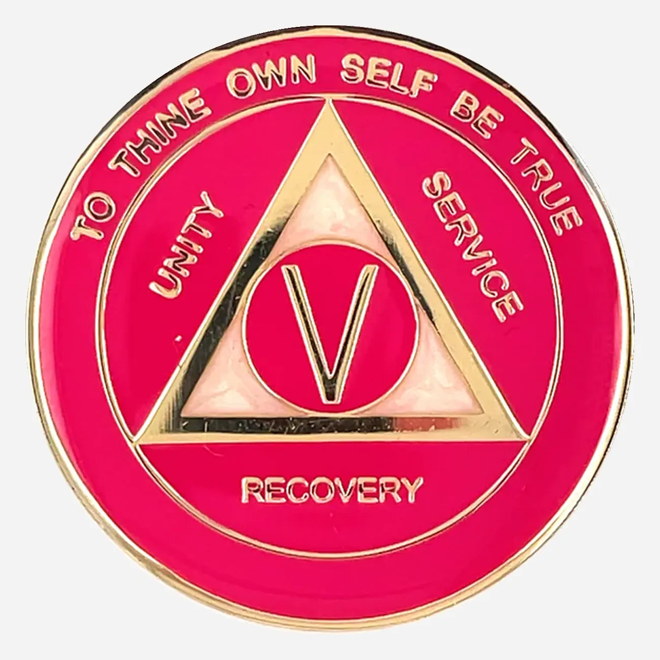Alcoholics Anonymous medallion (34mm) with a vibrant hot pink enamel border and shimmering pearlized center. Features a gold-plated AA circle and triangle symbol, encircled by 'Unity,' 'Service,' 'Recovery' in gold lettering. The outer edge reads 'To Thine Own Self Be True' and the sobriety year (1-50), all in gold. The coin has a glossy, epoxy-coated finish for durability and vibrant colors.
