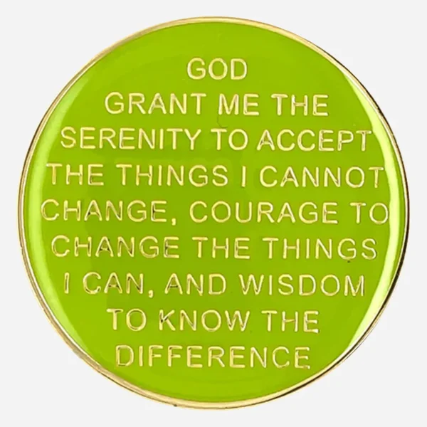 Back of AA Token (Lime Green/Pearl/Gold) features the Serenity Prayer engraved in gold on a lime green enamel background. This sobriety coin includes the full prayer: 'God, grant me the serenity to accept the things I cannot change, courage to change the things I can, and wisdom to know the difference.'