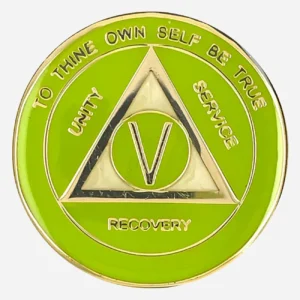 A vibrant AA sobriety medallion (34mm) featuring a lime green enamel border and a luminous pearlized center, all set on a gold-tone coin. The front displays the classic AA circle and triangle symbol, surrounded by 'Unity,' 'Service,' and 'Recovery.' The outer rim is inscribed with 'To Thine Own Self Be True' and the sobriety anniversary year (in Roman numerals, 1-40 years). This high-quality token has a smooth, glossy finish, highlighting its bright colors.