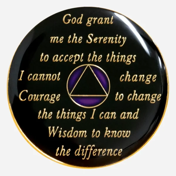 The back of the purple Triplate AA Token features the Serenity Prayer in a delicate white script, offering a source of wisdom and strength for those in recovery.