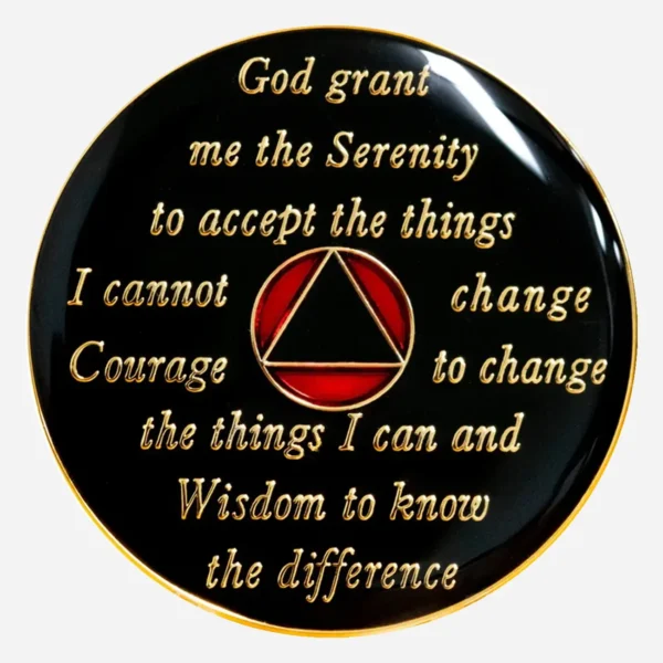 The Serenity Prayer is displayed in white against the bold red background of this Triplate AA Token, reminding viewers of the courage and strength needed for recovery.