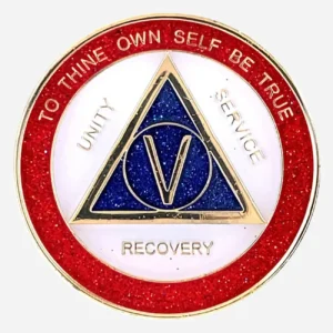 A dazzling AA sobriety medallion (approximately 34mm) with a gold-plated finish, featuring sparkling red, white, and blue enamel accents. The front prominently displays the AA circle and triangle symbol, surrounded by the words 'Unity,' 'Service,' and 'Recovery.' The outer rim is inscribed with 'To Thine Own Self Be True' and the sobriety anniversary year (in Roman numerals, 1-40 years). This token has a high-gloss, epoxy-coated finish that enhances its vibrant, glittery appearance.