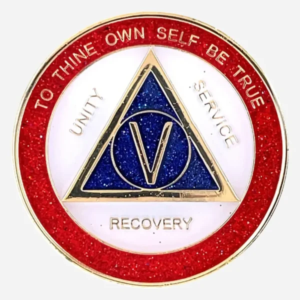 A dazzling AA sobriety medallion (approximately 34mm) with a gold-plated finish, featuring sparkling red, white, and blue enamel accents. The front prominently displays the AA circle and triangle symbol, surrounded by the words 'Unity,' 'Service,' and 'Recovery.' The outer rim is inscribed with 'To Thine Own Self Be True' and the sobriety anniversary year (in Roman numerals, 1-40 years). This token has a high-gloss, epoxy-coated finish that enhances its vibrant, glittery appearance.