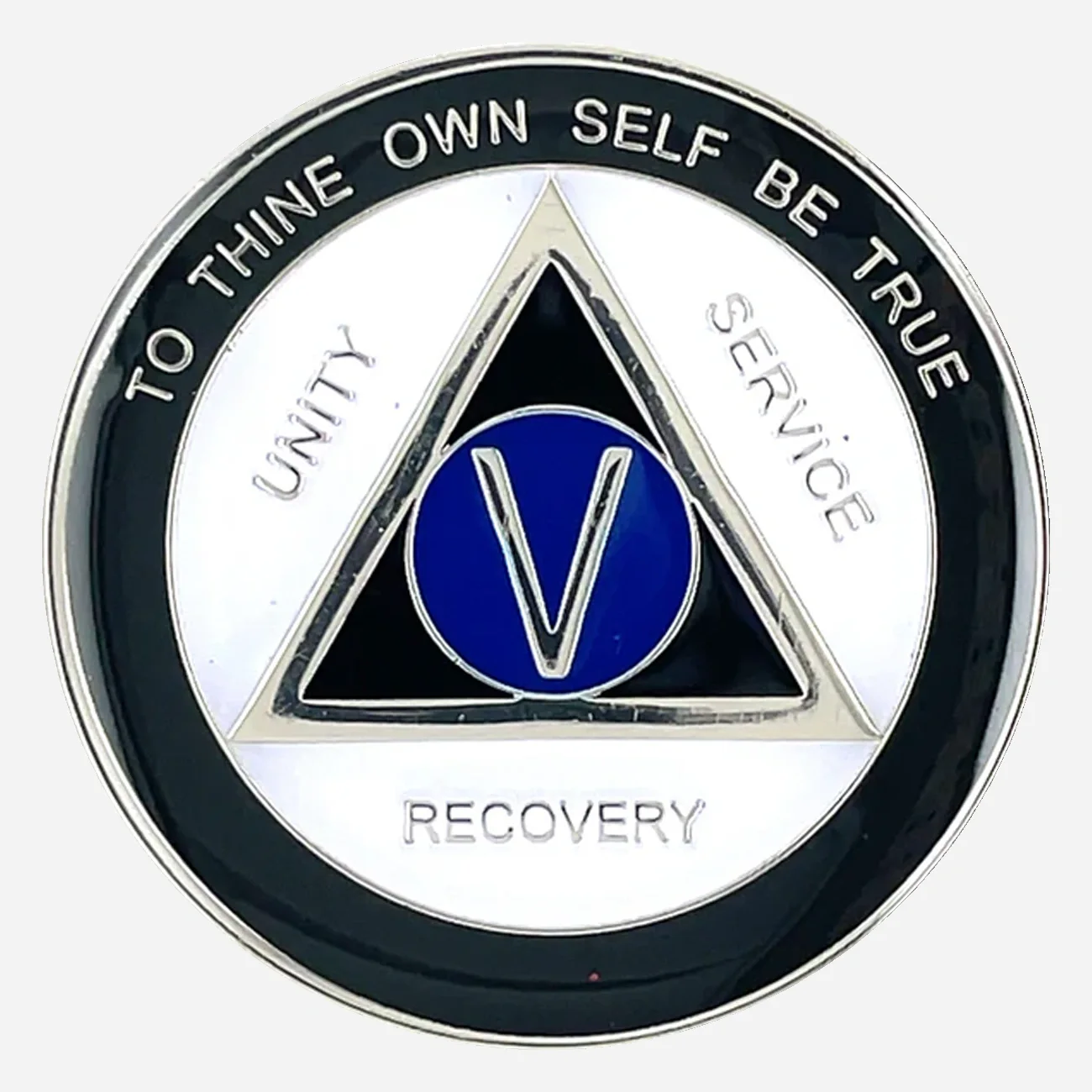 A distinctive AA sobriety medallion (approximately 34mm) featuring a bold black outer enamel ring and a crisp white inner ring. The center prominently displays a blue AA circle and triangle symbol, surrounded by the words 'Unity,' 'Service,' and 'Recovery.' The outer edge includes 'To Thine Own Self Be True' and the sobriety anniversary year (in Roman numerals, 1-40 years). The token has a smooth, glossy finish that highlights its contrasting colors.